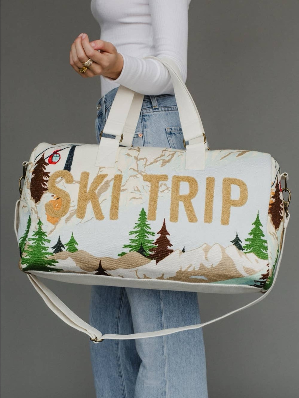 White Canvas 'Ski Trip' Embroidered Weekender Bag